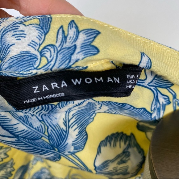 Zara Basic Tunic Blouse Button Down Blue Yellow Flower Print Sz Small 3/4 Sleeve - Picture 8 of 10